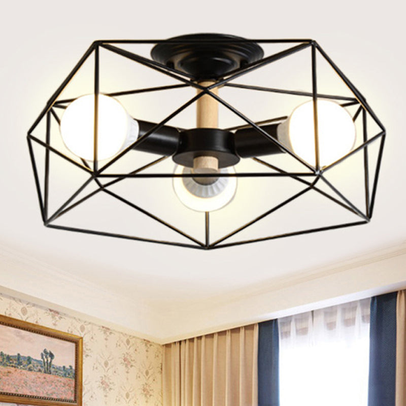 GeoLight – Geometrische Semi-Flush Plafondlamp met Draadkooi in Metaal