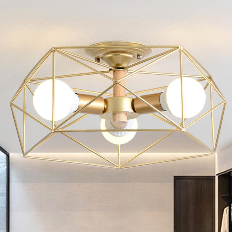 GeoLight – Geometrische Semi-Flush Plafondlamp met Draadkooi in Metaal