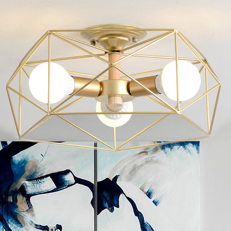 GeoLight – Geometrische Semi-Flush Plafondlamp met Draadkooi in Metaal