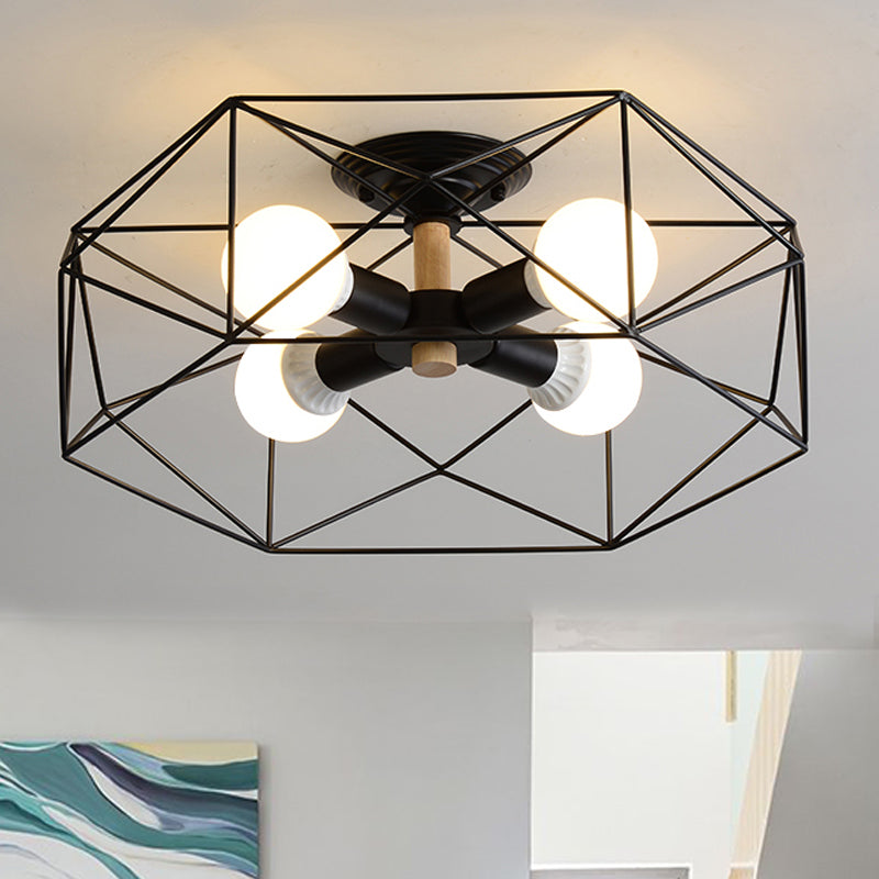 GeoLight – Geometrische Semi-Flush Plafondlamp met Draadkooi in Metaal