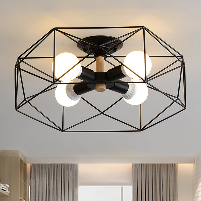 GeoLight – Geometrische Semi-Flush Plafondlamp met Draadkooi in Metaal