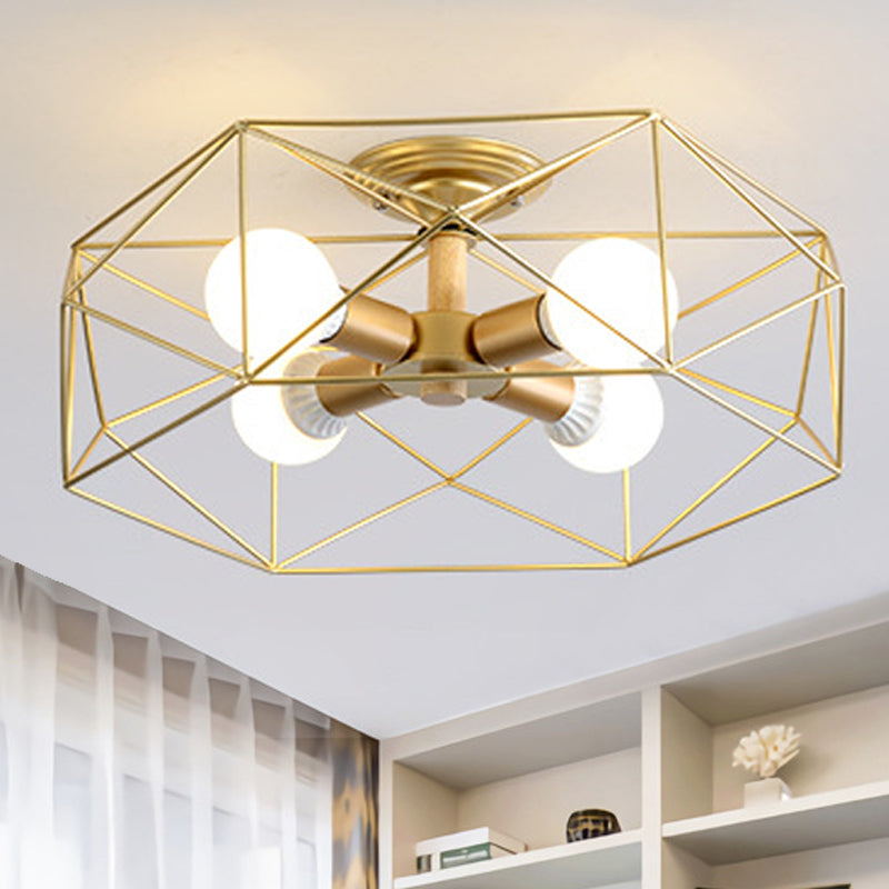 GeoLight – Geometrische Semi-Flush Plafondlamp met Draadkooi in Metaal