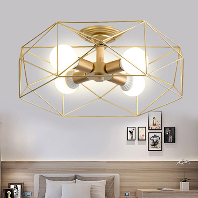 GeoLight – Geometrische Semi-Flush Plafondlamp met Draadkooi in Metaal