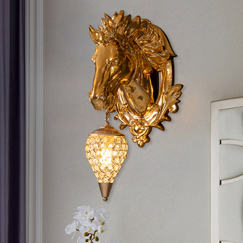 Brass Horse Sconce - Vintage Wandlamp met Kristallen Schaduw