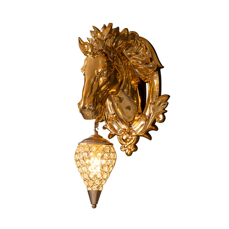 Brass Horse Sconce - Vintage Wandlamp met Kristallen Schaduw