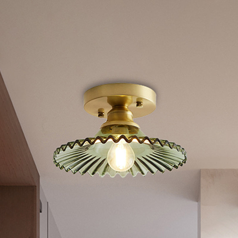 Industrieel Semi-Flush Plafondlamp met Groene Geribbelde Glazen Kap