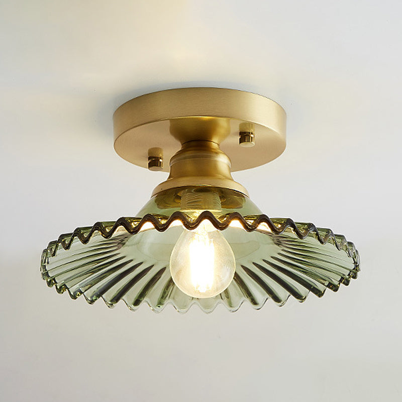 Industrieel Semi-Flush Plafondlamp met Groene Geribbelde Glazen Kap