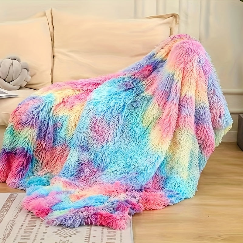 Kleurrijke Regenboog Faux Fur Deken - Gezellige Pluche Koraalfleece, Dikke Warme Winter Sofa Deken, Hedendaags Stijl