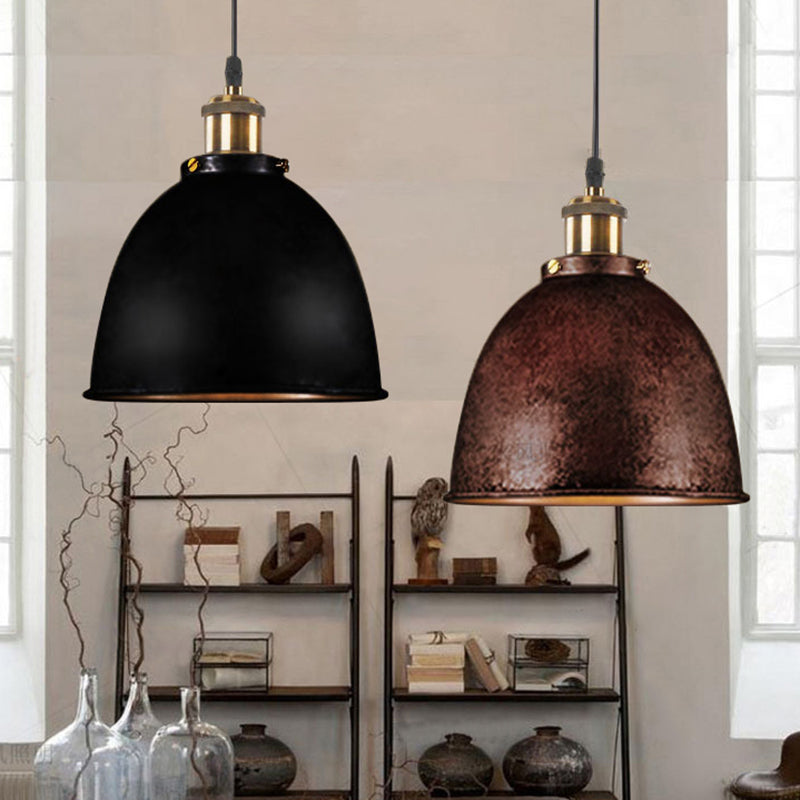 Sfeervolle Dome Hanglamp 1 Licht Wrought Iron Lichtarmatuur met Snoer in Zwart/Rust