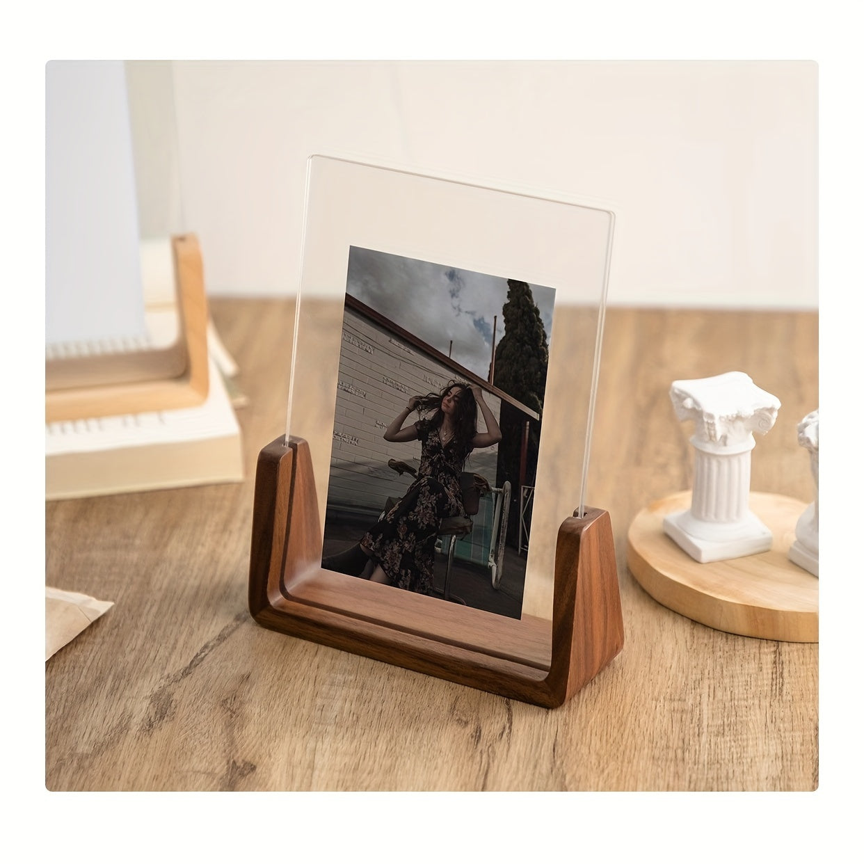 Chic 6-Inch U-vormige Acryl & Massief Houten Fotolijst - Veelzijdige Horizontale of Verticale Weergave, Perfect voor Thuisdecoratie en Cadeaus