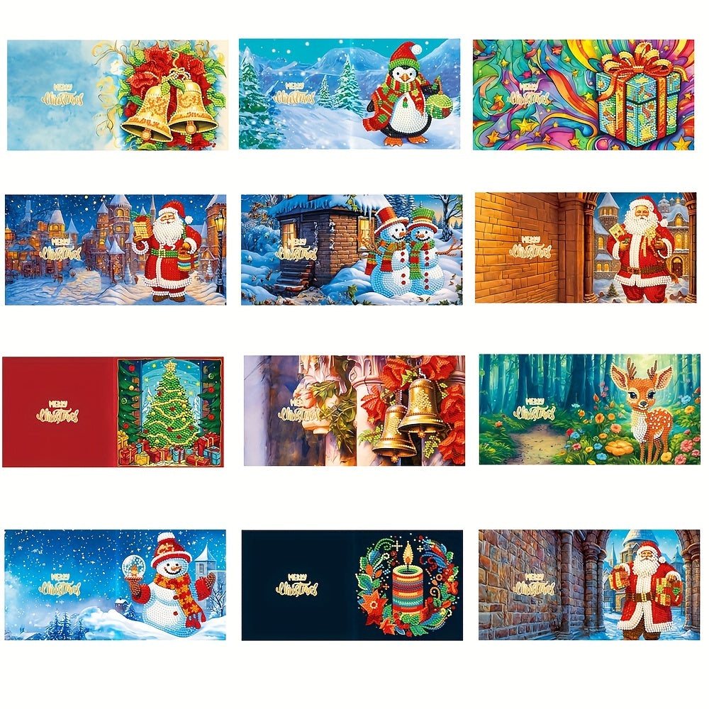 12pcs Diamond Painting Christmas Card - Mosaic Dot Diamond Santa Claus Schilderij, Handgemaakt Kerstcadeau