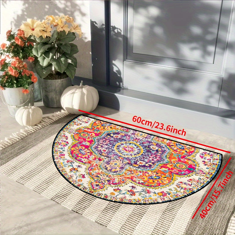 Bohemian Chic Halfrond Vloerkleed – Antislip, Machinewasbaar Polyester Mat in Blauw, Geel, Rood & Paars – Perfect voor Binnen/Buiten, Hal, Slaapkamer en Meer