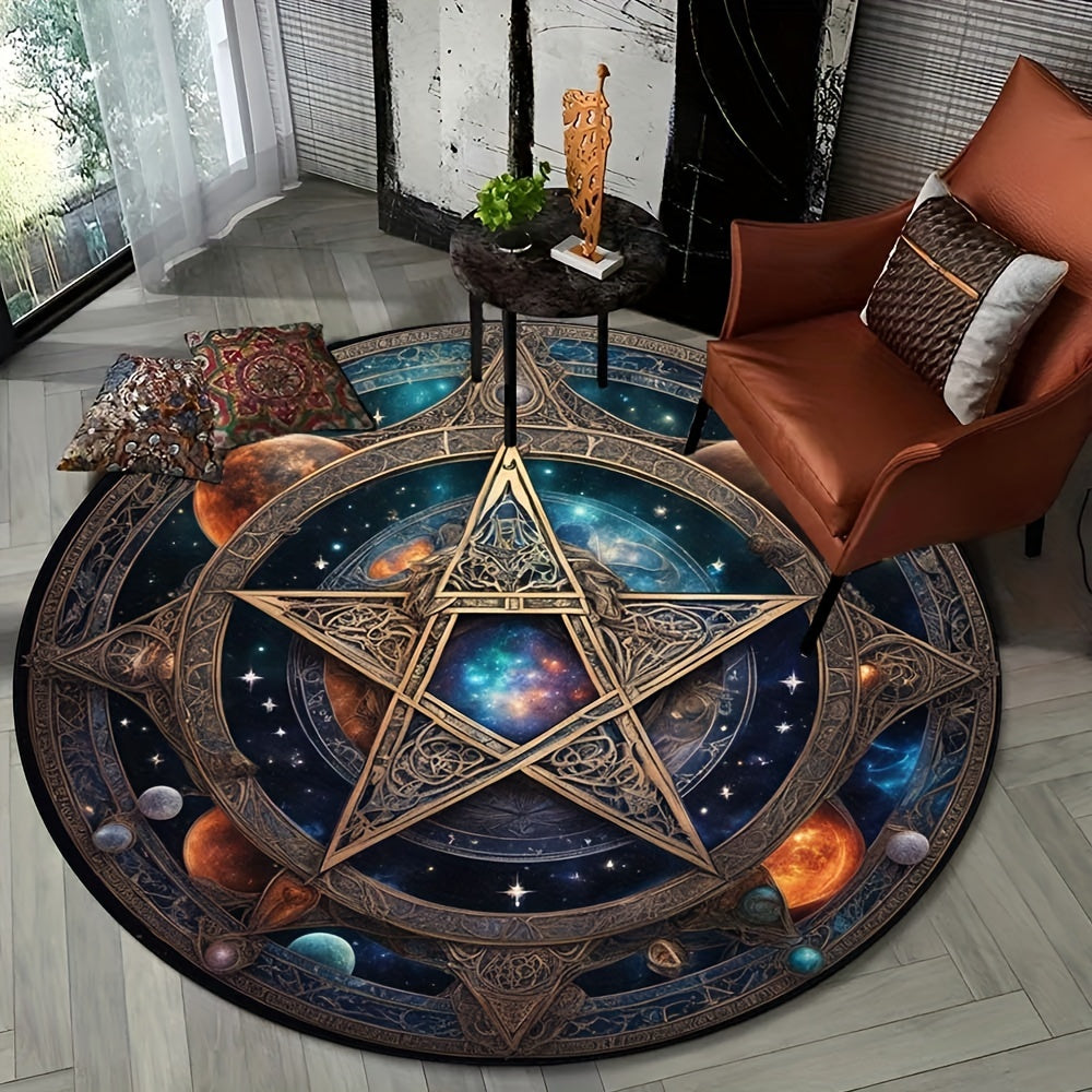 Crystal Velvet 3D Kosmisch Planeten Vloerkleed – Ronde Vloermat met Pentagram Design voor Woonkamer en Slaapkamer