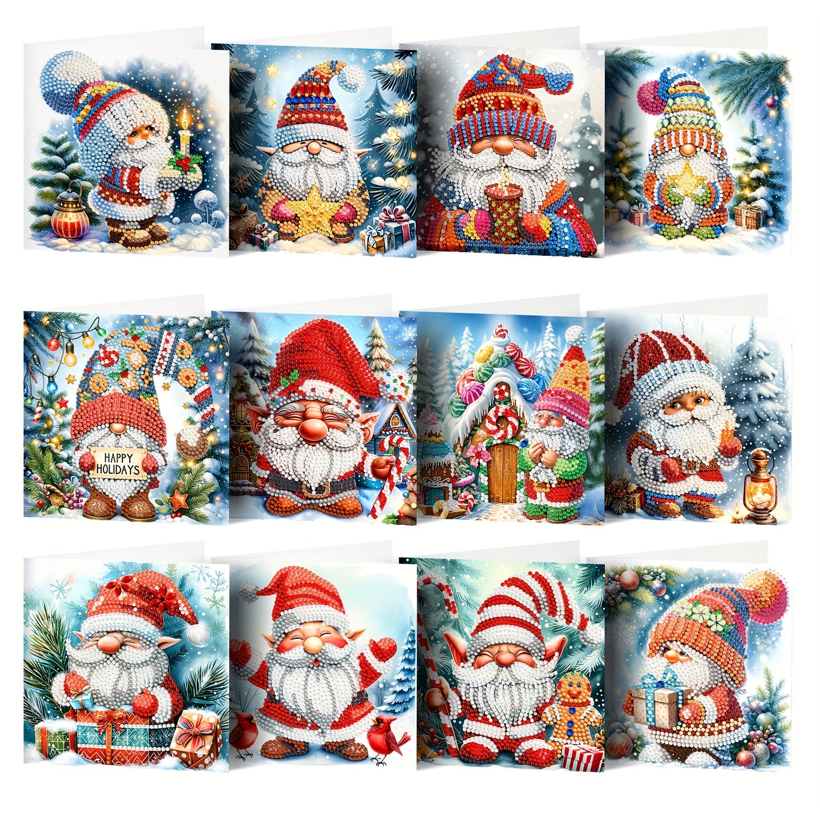 12pcs DIY 5D Diamond Painting Christmas Greeting Cards with Envelopes - Handgemaakt, Exquisite Cartoon Santa Ontwerpen voor Familie en Vrienden