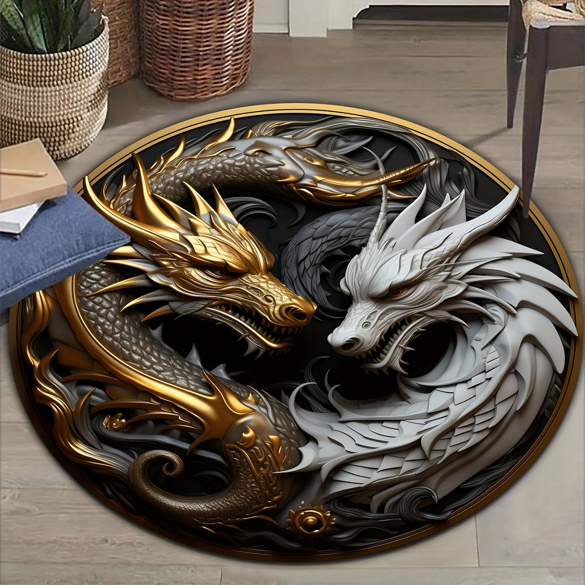 1pc Dragon Element Vloerkleed - Antislip Lounge Mat, Decoratief Rond Tapijt