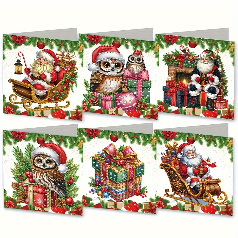 6-Pack Kerst Diamond Painting Wenskaartenset - Feestelijke Handgemaakte Set met Santa, Uil en Cadeaumotieven voor Kerstwensen, Onregelmatige Diamantvorm