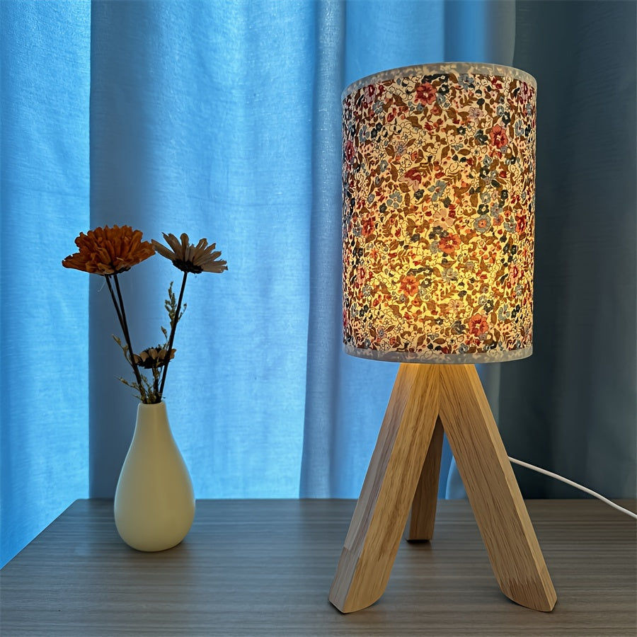 HoutLicht - Moderne Houten Tafellamp met Stoffen Kap, USB Gevoed, Push-Button LED Nachtlamp