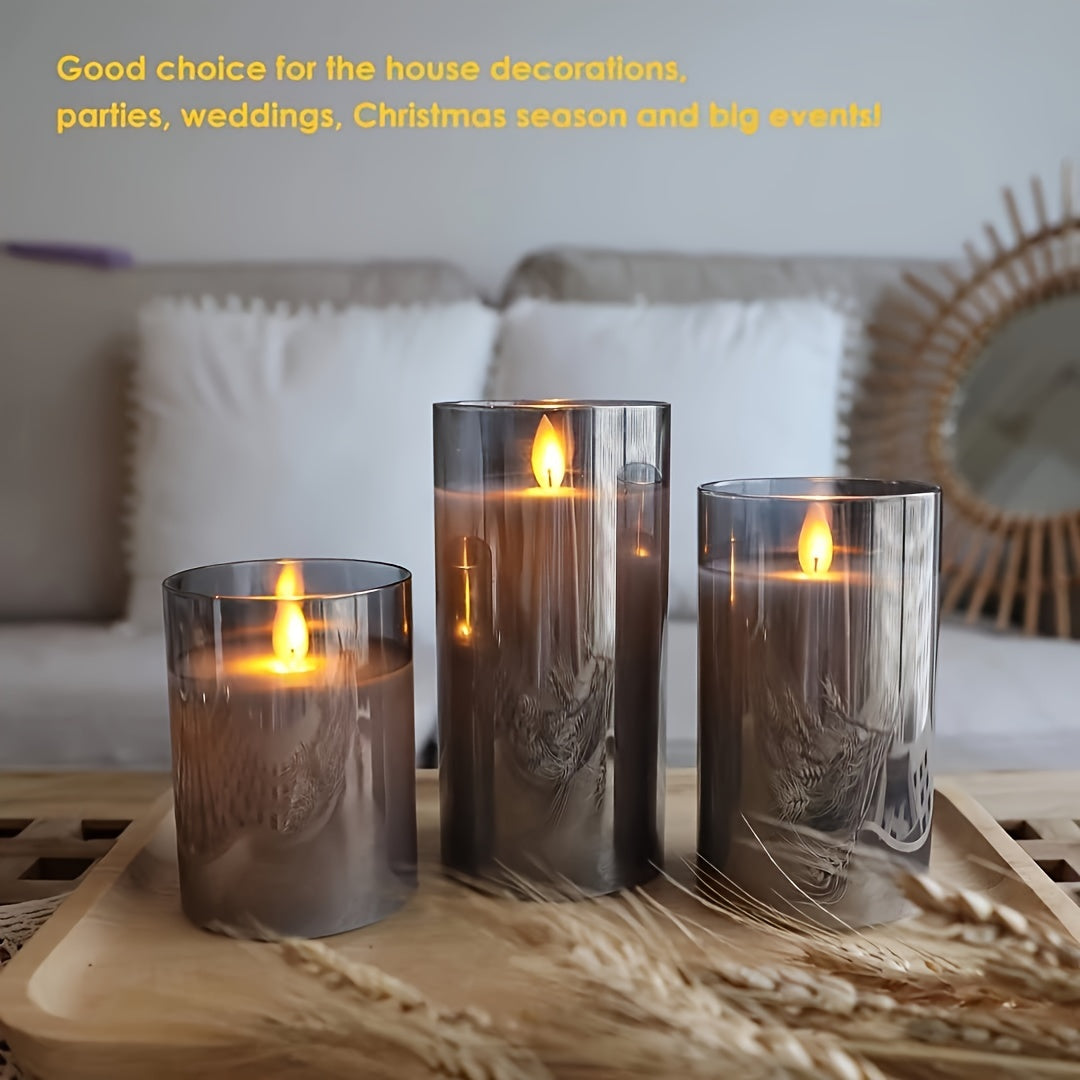 3pcs Led Fireless Candles, Battery Operated Flickering Candles Pillar Real Wax Moving Flame Electric Candles Set Gray Glass Effect With Remote Control Timer, 10.16 Cm, 12.7 Cm, 15.24 Cm, 3 Gray Packaging