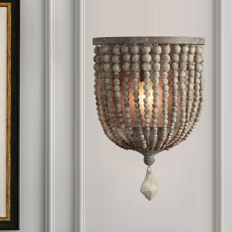 Rustic Beaded Lamp - Houten Wandlamp met Grijze Kralen voor Woonkamer