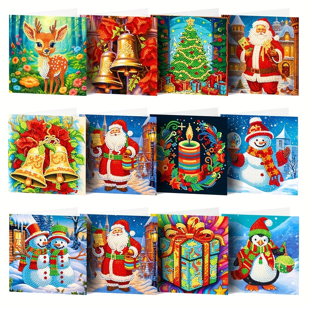 12pcs Diamond Painting Christmas Card - Mosaic Dot Diamond Santa Claus Schilderij, Handgemaakt Kerstcadeau