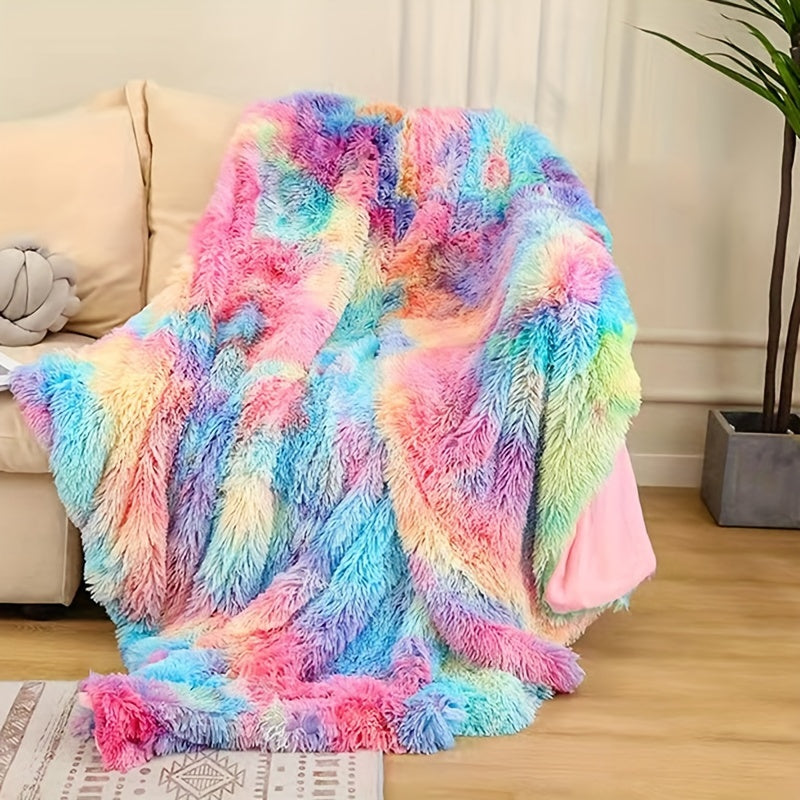 Kleurrijke Regenboog Faux Fur Deken - Gezellige Pluche Koraalfleece, Dikke Warme Winter Sofa Deken, Hedendaags Stijl