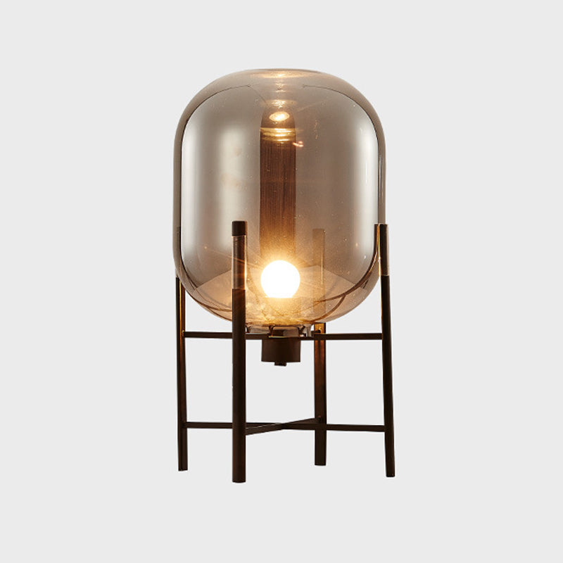 Moderne Ovale Nachtlamp - Rookgrijs/Cognac Glazen Kap met Verticale Metalen Basis