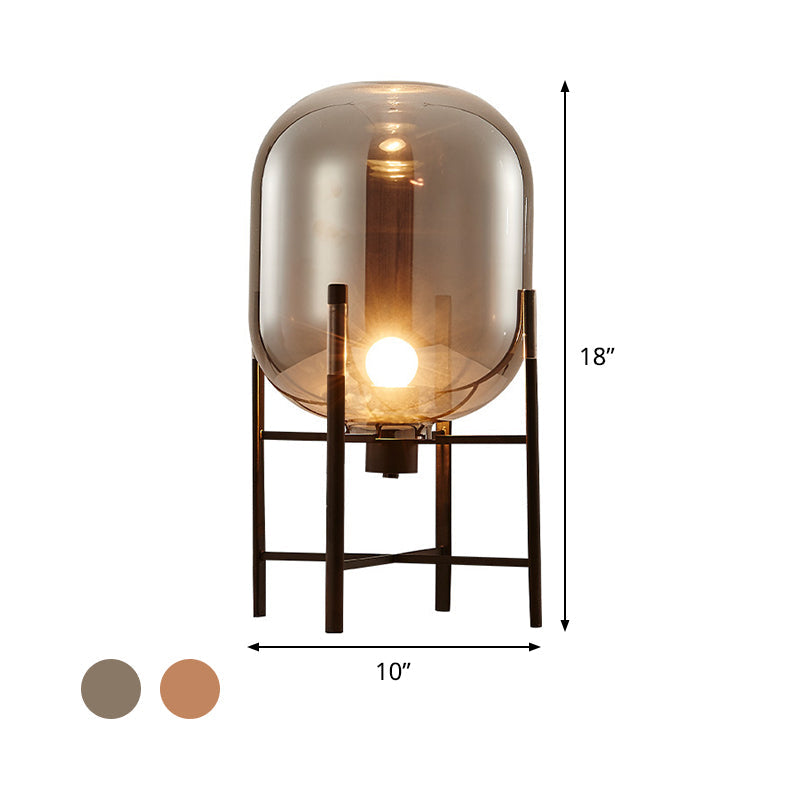 Moderne Ovale Nachtlamp - Rookgrijs/Cognac Glazen Kap met Verticale Metalen Basis