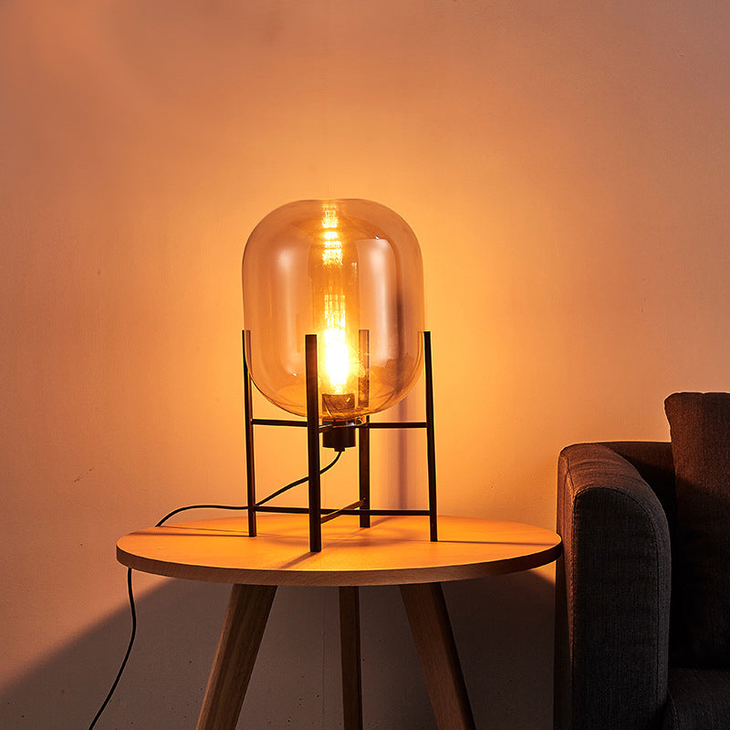 Moderne Ovale Nachtlamp - Rookgrijs/Cognac Glazen Kap met Verticale Metalen Basis