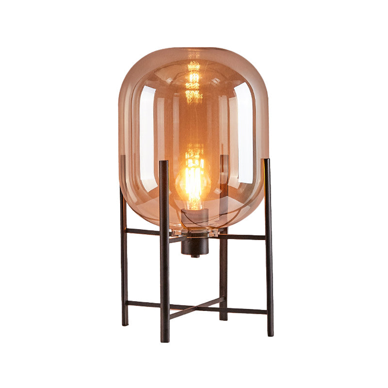 Moderne Ovale Nachtlamp - Rookgrijs/Cognac Glazen Kap met Verticale Metalen Basis