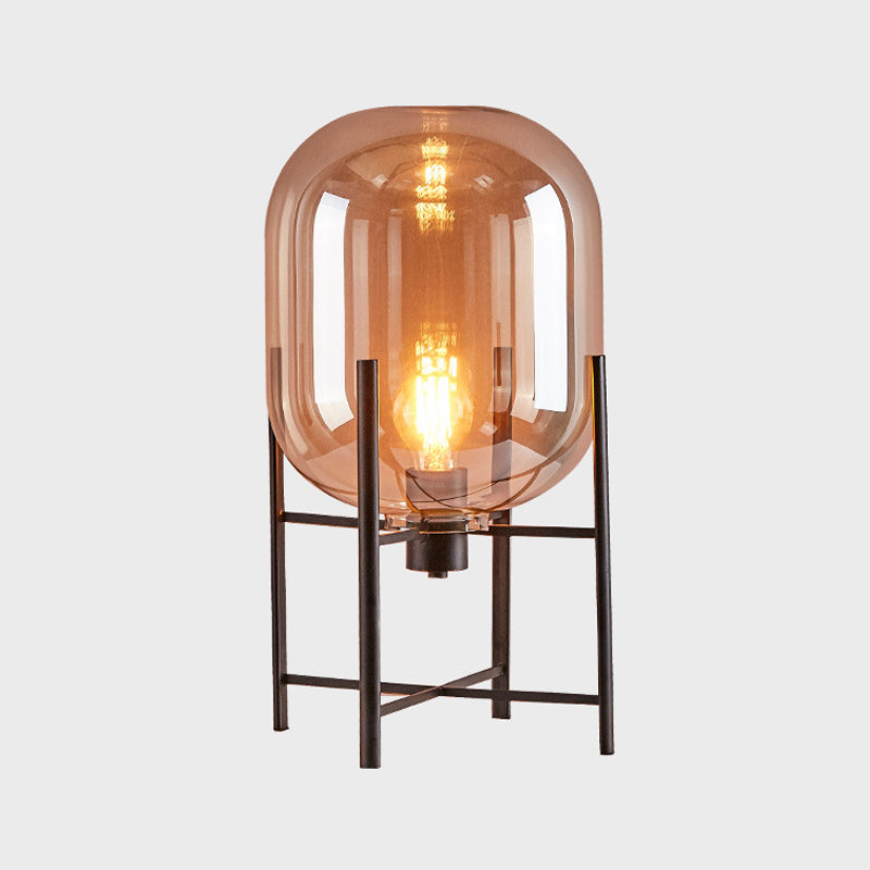 Moderne Ovale Nachtlamp - Rookgrijs/Cognac Glazen Kap met Verticale Metalen Basis