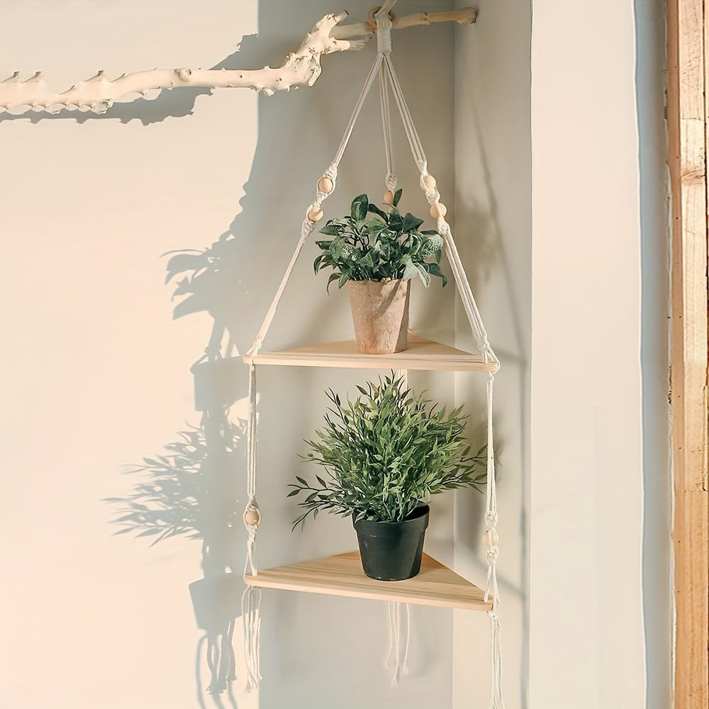 MacrameShelf - Boho Zwevende Planken met 2 Lagen voor Slaapkamer, Badkamer & Woonkamer