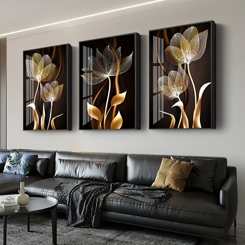 3-delige Luxe Canvas Posters - Gouden Bloemen Kunstwerken, Wanddecoratie voor Woonkamer, Slaapkamer, Kantoor, Hal en Keuken, Zonder Lijst