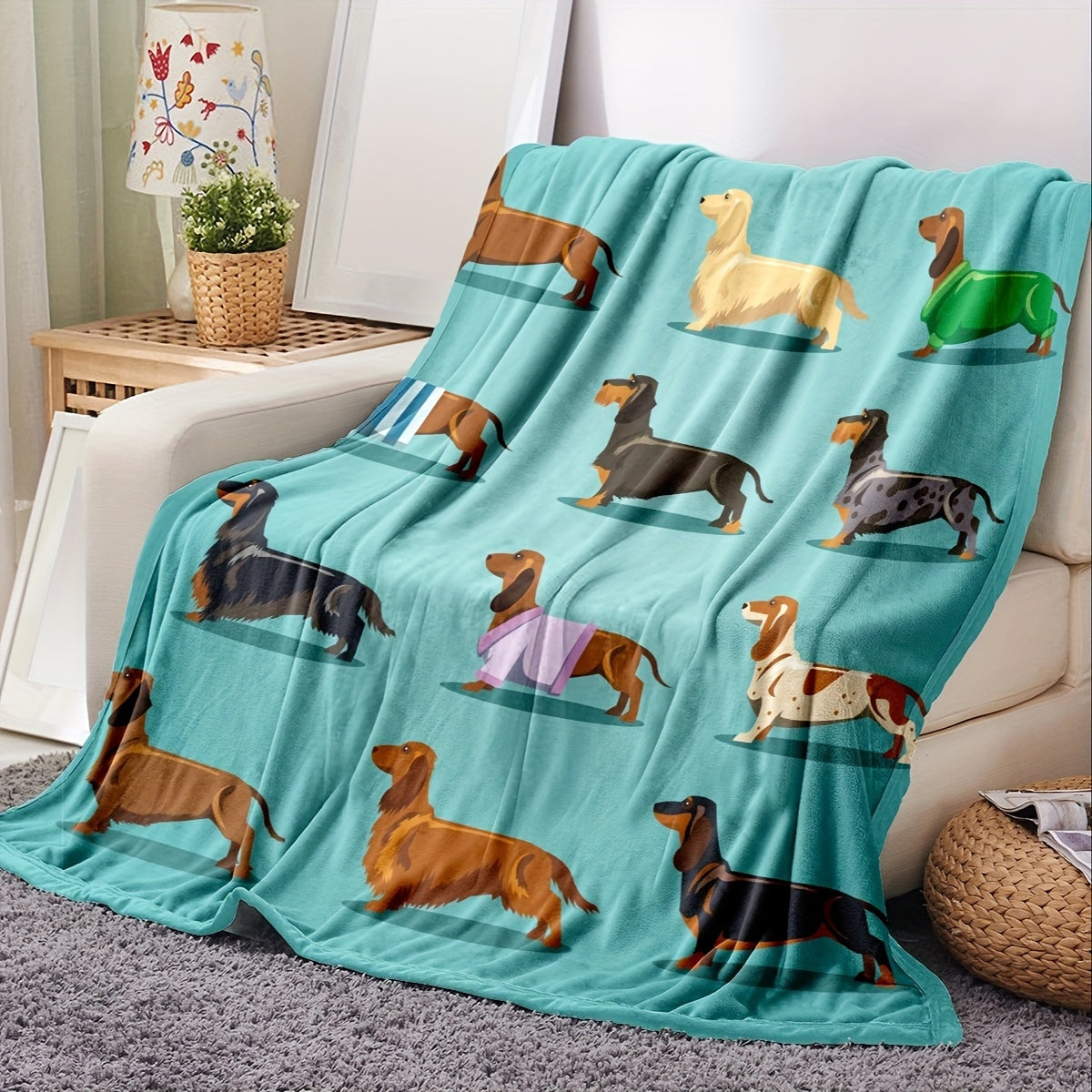 Teckel Fleece Deken - Zacht Flanel met Weiner Dog Print, Blauw