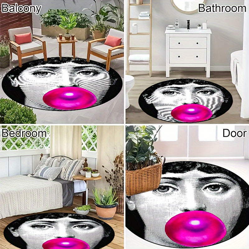 Woman Blowing Bubbles Ronde Tapijt - Antislip, Wasbaar, Zacht Polyester Tapijt voor Woonkamer, Slaapkamer, Hal, Patio, en Tuin