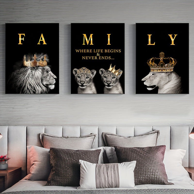 3-delige Moderne Abstracte Leeuwenfamilie Motivatie Canvas Posters, Zonder Lijst