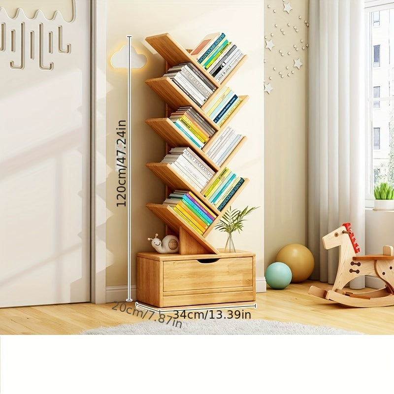 TreeShelf - Verticale Houten Boekenkast met Scheve Planken voor Woonkamer, Vrijstaand Ontwerp