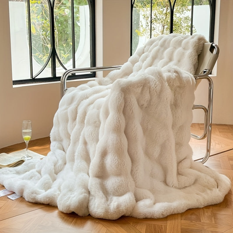 1 Stuks Faux Konijnenbont Bubbel Fleece Deken - Luxe Zachte Bank Deken, Dikke Warme Fleece Deken voor Nap en Airconditioning