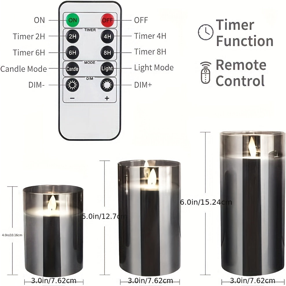 3pcs Led Fireless Candles, Battery Operated Flickering Candles Pillar Real Wax Moving Flame Electric Candles Set Gray Glass Effect With Remote Control Timer, 10.16 Cm, 12.7 Cm, 15.24 Cm, 3 Gray Packaging