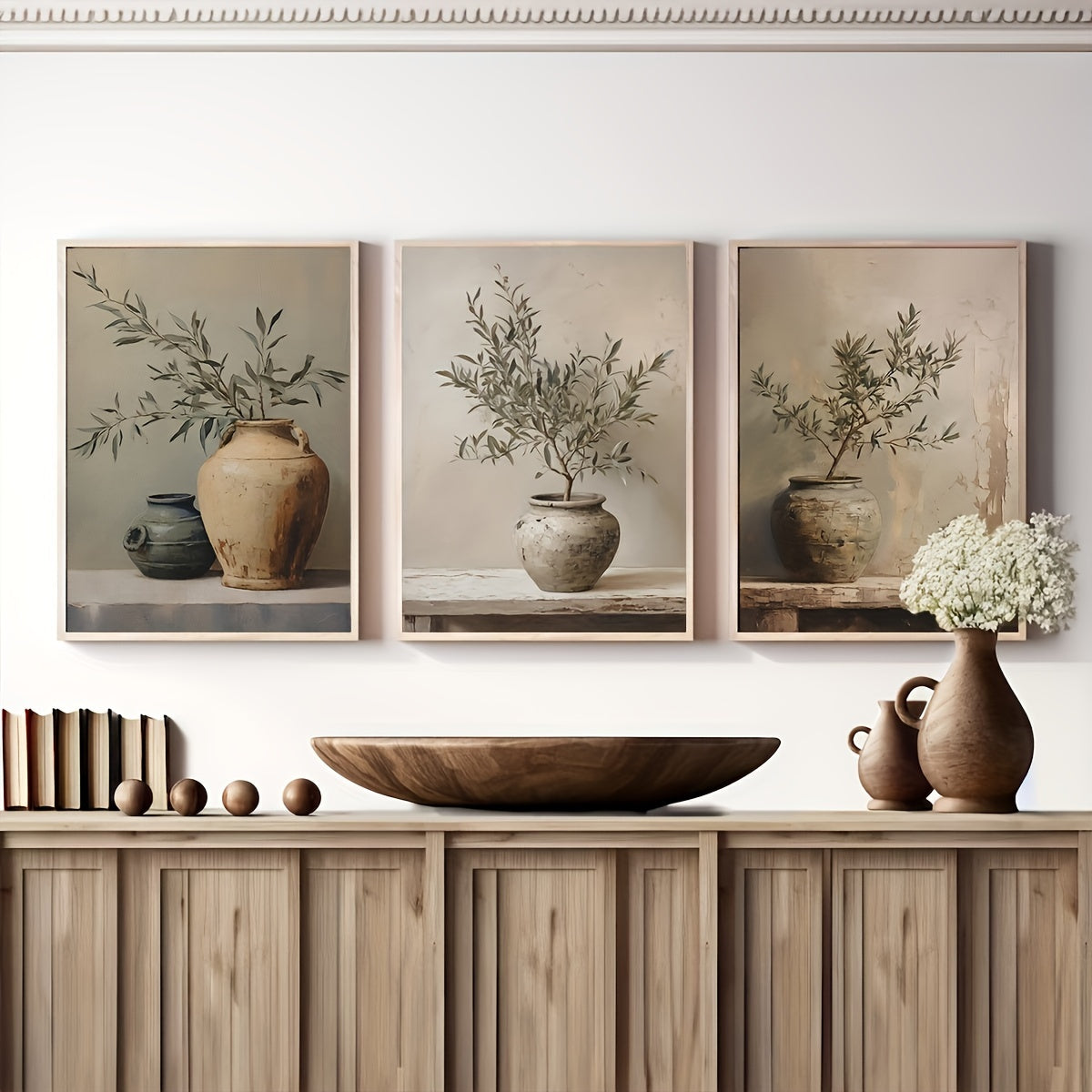 Set van 3 Vintage Olijftak Vaas Canvas Kunstprints - Retro Botanische Wanddecoratie, Moderne Woonkamer, Slaapkamer, Hal Decor, Zonder Lijst