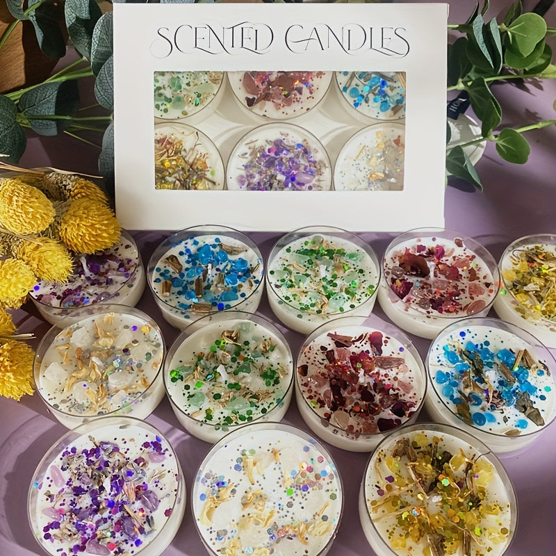 6-delige Geurkaars Geschenkset met Kristallen & Gedroogde Bloemen – Valentijnscadeau met 6 Unieke Geuren en Kleurige Glitters