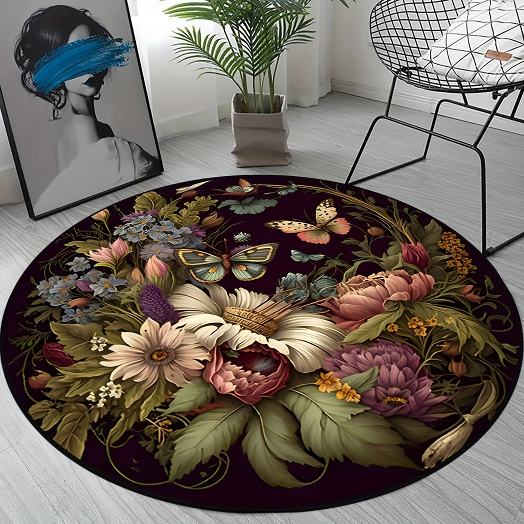 Darkness Butterfly Floral Ronde Tapijt - Antislip, Wasbaar, Zacht en Comfortabel Polyester Tapijt voor Woonkamer, Slaapkamer, Kantoor en Kinderkamer