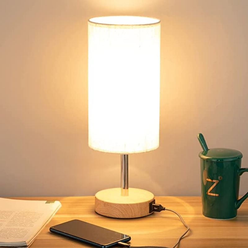 Touch Control Table Lamp - Tafellamp met USB Poorten en 3-weg Dimbare Flaxen Kap