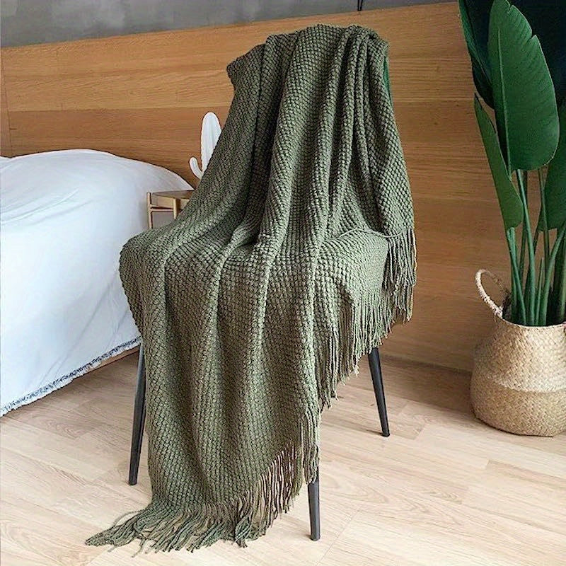 Knitted Throw Deken met Kwastjes - Lichtgewicht Bubbeltextuur Deken voor Bank, Bed en Huisdecoratie