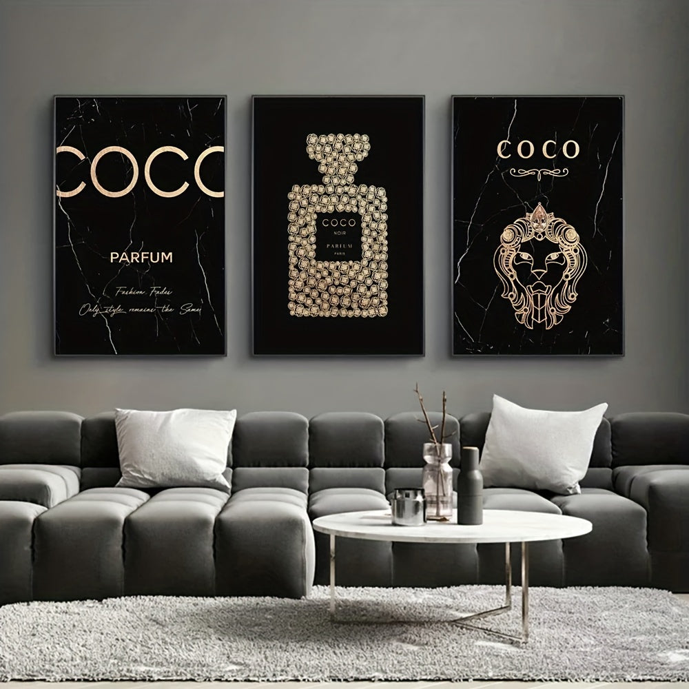 Luxury Perfume Bottle Canvas Art Set - 3-delige Set, Frameloos, Hoogwaardige Schilderijen voor Woonkamer & Slaapkamer Decor