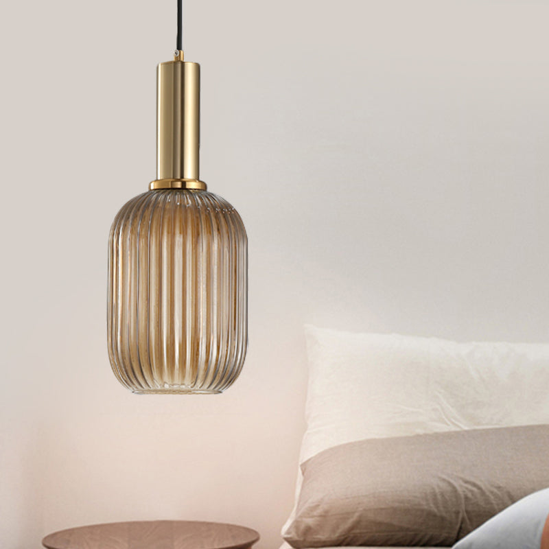 Zwarte/Gouden Moderne Hanglamp met Ribbelglas