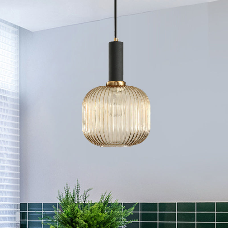 Zwarte/Gouden Moderne Hanglamp met Ribbelglas