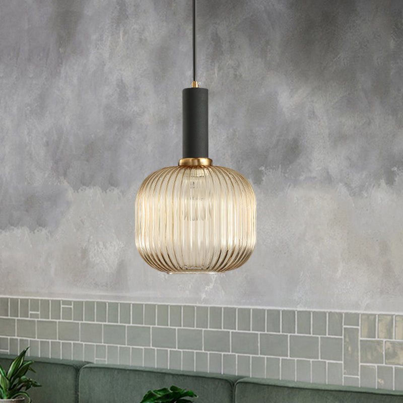 Zwarte/Gouden Moderne Hanglamp met Ribbelglas