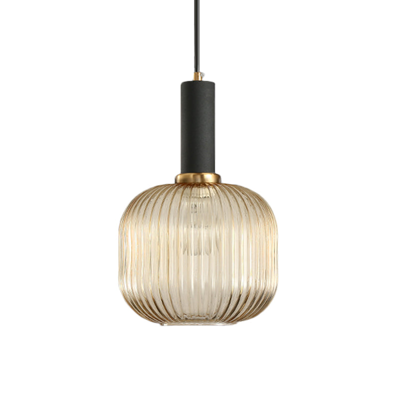 Zwarte/Gouden Moderne Hanglamp met Ribbelglas