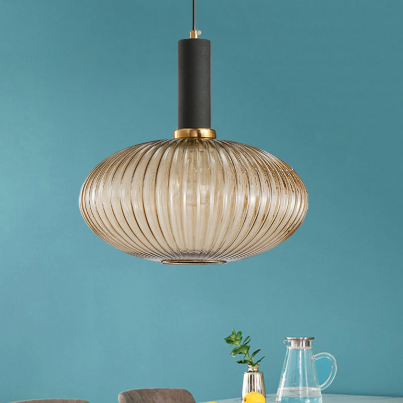 Zwarte/Gouden Moderne Hanglamp met Ribbelglas