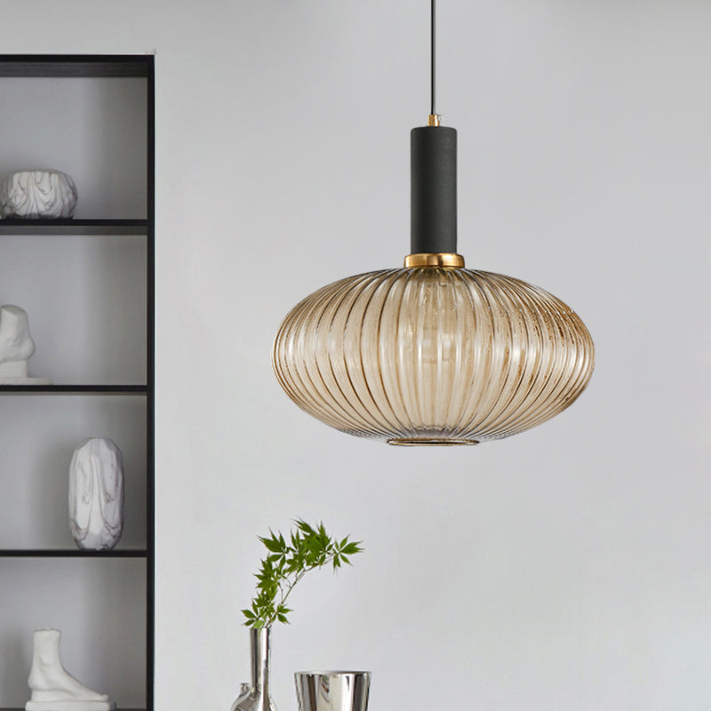 Zwarte/Gouden Moderne Hanglamp met Ribbelglas